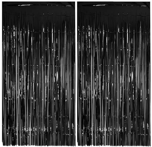 2pcs Black Glitter Tinsel Curtains, 3.2x6.5ft Shimmer Party Foil Door Curtains with Fringe Tassel Tinsel Backdrop for Birthday & Halloween Parties