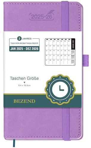 BEZEND 2 Jahres Kalender 2025 2026, Terminplaner 16,8 x 9,7 cm, 1 Monat auf 2 seiten von Jan 2025 bis Dez 2026, PU-Leder Hardcover Monatsplaner mit Innentasche - Lavendel
