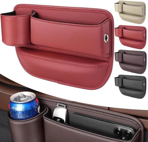 Seat Gap Storage Box, Car Leather Cup Holder Gap Bag, Leather Car Seat Storage Box with Water Cup Holder, Car Seat Gap Filler with Cup Holder(C,Left)