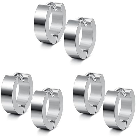 JEYORZY 3 Paar Edelstahl Herren Creolen Ohrringe - Silber Matt Klappcreolen Mit Scharnier - Klassische Damenohrringe