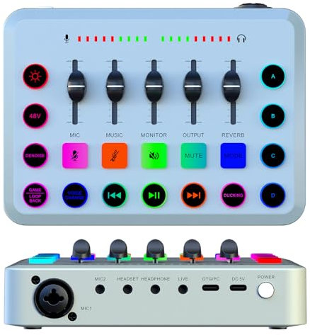Audio Interface, Gaming Audio Mischpulte mit Sprachwechsler, Digital Streaming Audio Mixer, Professioneller Live-Soundkarte, DJ Mischer, Externe Sound Board für Podcast Gaming (Weiß)