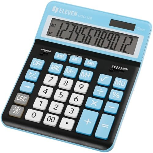Eleven CDC120BK-CY Bürorechner Kalkulator – 12-stelliger Display, schwarze Oberfläche mit weißen und blauen Elementen, 4-fach Speicher, Prozentrechnung, Solarbetrieb, robustes Design – Ideal für Finan