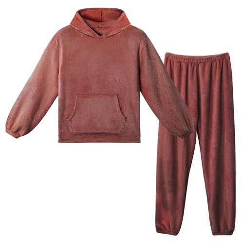 LACOFIA Pigiami in Pile Due Pezzi da Donna Pigiama Set Invernale con Cappuccio Abbigliamento Caldo da Notte a Maniche Lunghe Adulto Pigiama di Coppia Rosso Scuro L