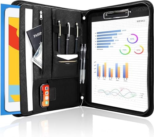 Porte-documents A4, Conférencier Zippé en PU Cuir, avec Calculatrice, Compartiments pour Cartes et Bloc-notes, Pochette pour Tablette, Classeur à Anneaux, Poignées Magnétiques 34 x 25 cm (Noir)