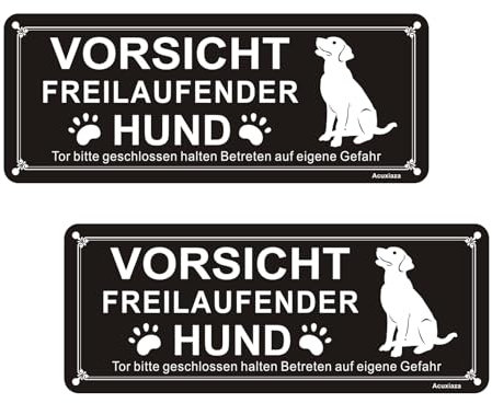 Acuxiaza 2 Stück Vorsicht Hund Schild 25x10 cm Freilaufender Hund Schild Aluminium Schilder Warnung vor Dem Hund Tor Bitte Geschlossen Halten mit Selbstklebend und Vorgebohrten Löchern