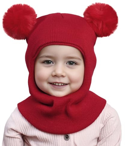 DRESHOW Kinder Wintermütze Warme Schal Schlupfmütze Strickmütze Kapuze Weiche Schalmütze mit Doppelt Bommel Pom Pom Beanie Mütze für Kleinkinder Jungen Mädchen 1-6 Jahre