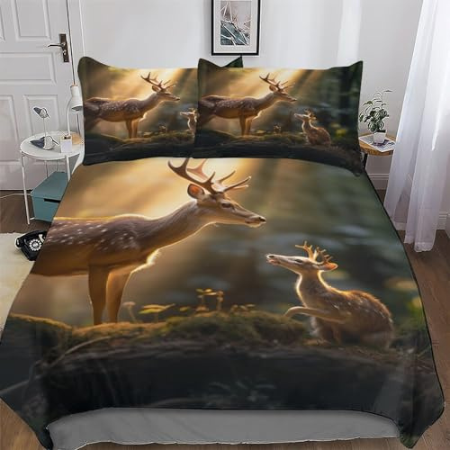 AAPZY Hirsch Bettwäsche-Set, 3D Motiv, Bettbezug 2teilig Mit Kopfkissenbezug Für Jungen Mädchen Schlafzimmer Atmungsaktiv Mikrofaser Deckenbezug Single (135x200cm)