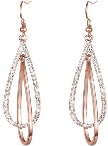 DELVA Orecchini Pendenti Lunghi Per Donna Forma di Goccia D'acqua Con Cristallo Placcato Oro Rosa 14K Antiallergici Regalo per Donna (Oro Rosa)