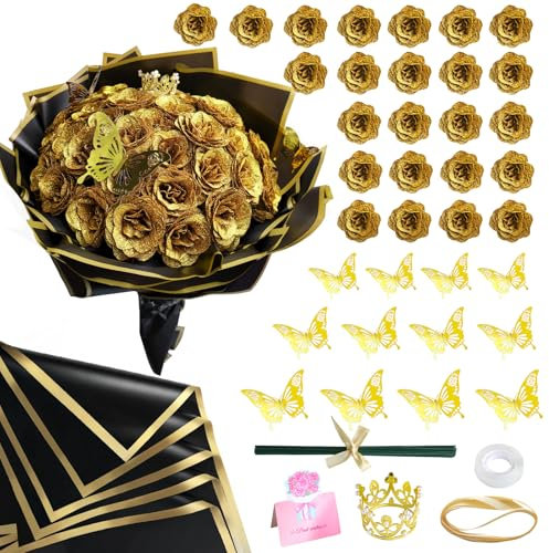 CCYXSHOW DIY Glitter Roses Bouquet Kit Gold- 24 Fake Shiny Flowers with Stems Butterfly Crown Eternal Floral for Graduation Handmade Wedding Bouquet Anniversary Birthday Gift, for Her