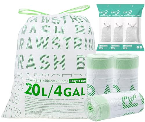 XIQIYY 20L Drawstring Bin Bags – Small White Food Waste Bags with Tie Handles, Pre-separated, Strong & Leakproof Bin Liners for Kitchen, Bathroom & Office(Size 15-20 Litre, 90 Counts)