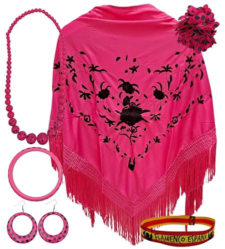 Scialle di Manila con Accessori: Scialle di Manila con Fiori Ricamati, Clip Capelli Fiore, Collana, Bracciale e Orecchini Fenicotteri e Bracciale in Tessuto., Fucsia Fiori Neri, L