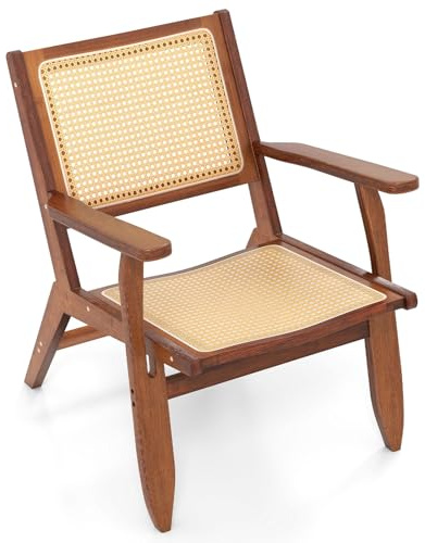 COSTWAY Rattan Accent Chair, Bamboo Frame Single Lounge Armchair Reading Chair, Mid-Century Modern Leisure Occasional Seat Comfy Armchair for Living Room, Bedroom and Reception, Walnut
