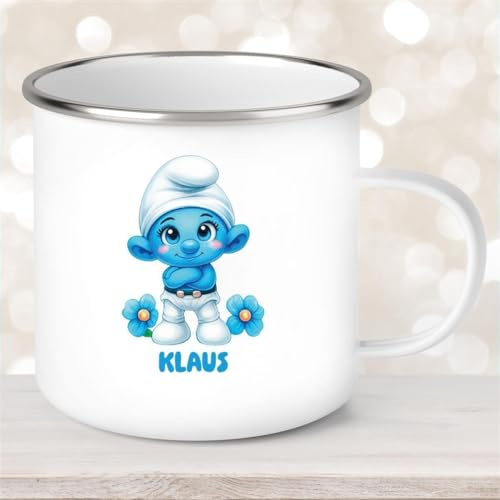 Muckki Emaille Tasse Kinder Schlumpf #3 mit Wunschname, Kinderbecher Personalisiert, 300 ml
