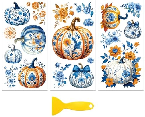 Peacoblue UV DTF Möbel Transferfolie,Blau gemusterter Kürbis Dekorfolie | 3er Set UV DTF Transfersticker 15x30cm, Wasserfeste Dekorfolie für Möbel, Schubladen, Holz, Glas und Keramik
