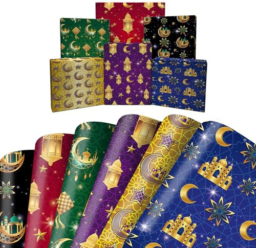 Ramadan Geschenkpapier 6Pcs, Geschenk Papier Mit Moschee Mond Und Sternenmuster,Diy Geschenkpapier Eid Mubarak Falten Für Dekorationen Zu Eid Mubarak Ramadan Feiern Muslimische,70 * 50cm (Bunt)