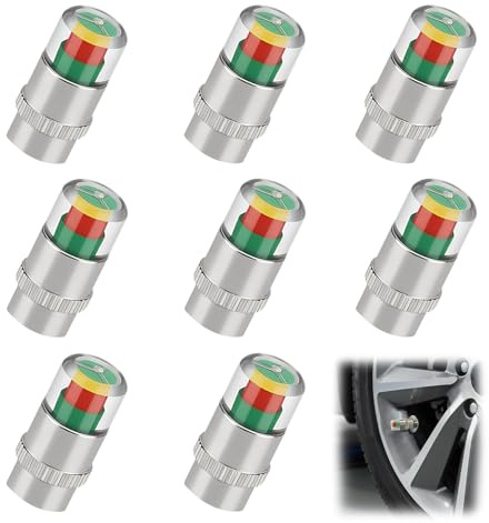 8 Pcs Tyre Pressure Monitoring Valve Caps, 3 Colour Tyre Pressure Alert Caps, Copper Core Valve Cap for Cars, Motorcycles & Bikes (Silver)