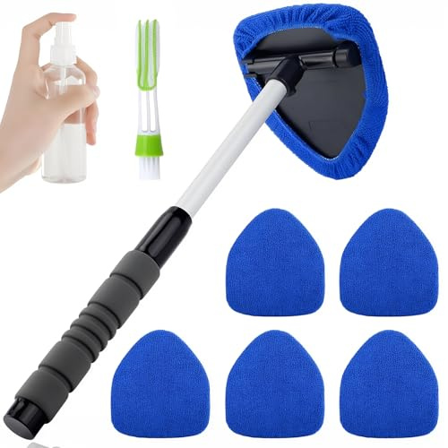 BLMIROS 9Pcs Car Windscreen Cleaner Tool, Windscreen Cleaner Inside, 180° Rotating Head Extendable Windshield Cleaner Tool, with 6 Reusable Microfiber Pads 1 Spray Bottle, 1 Air Conditioning Brush