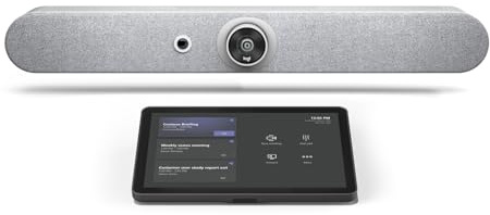 Logitech Rally Bar Mini All-in-One Conference Camera with VESA Mount & Tap Touch Controller with CAT5e Kit – 4K UHD PTZ Camera, 4x Zoom, Dual Speakers, 6 Mics, Oleophobic, White (Renewed)