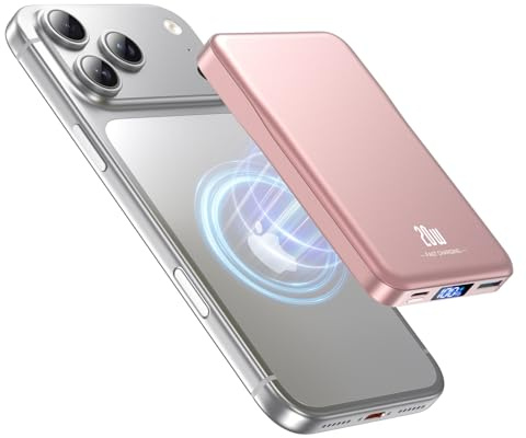 Powerbank für MagSafe 10000mAh, Magnetische Powerbank ohne Kabel, 20W PD Schnellladegerät, Kabellos mit USB-C EIN-/Ausgang, LED-Anzeige, für iPhone 17/16/15/14/13/12 Pro/Pro Max, Rosébraun