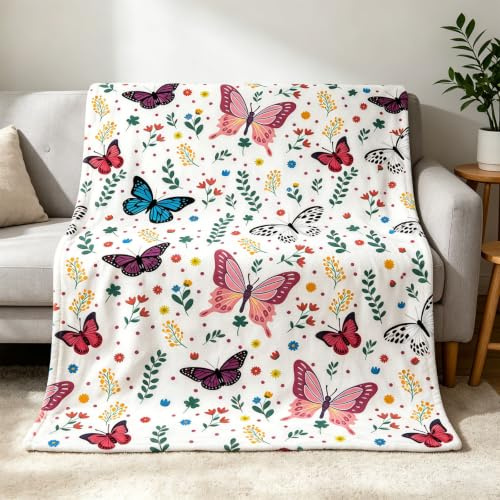 EHAOKK Dinosaurier Kinder Decke Bunter Schmetterlings/Einhorn kuscheldecke | Kuscheldecke mit Tiermotiven im Cartoon-Stil,Sofadecke für Schlafzimmer und Wohnzimmer,Flanelldecke(130×150,Schmetterlinge)