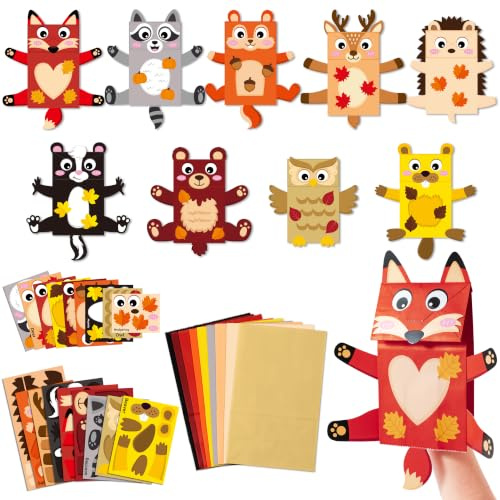 WATINC 9-teiliges Handpuppen Bastelset DIY Papierhandpuppen Waldtiere | mit Wackelaugen, Kreatives Bastelset für Rollenspiele, Geschichtenerzählen, Partyzubehör, Geschenk für Kinder
