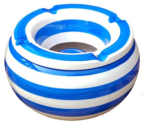 Land-Haus-Shop Wind Aschenbecher XL Sturmaschenbecher, Windascher mit Aufsatz Deckel Windaschenbecher Keramik (Maritim Streifen blau weiß 13cm)