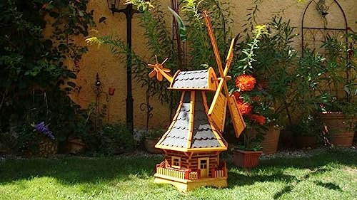 Ölbaum Windmühle, WETTERFEST groß 1m, mit Bitumendach, Garten-Windmühle WASSERDICHT & WITTERUNGSBESTÄNDIG, mit Windrad, Seitenruder, Windfahne, WMB-RAD100at-OS Windmühle, WETTERFESTn ohne/m