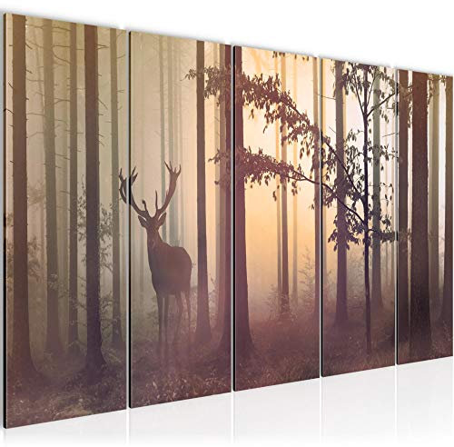 Runa Art Wandbild XXL Wald Hirsch Schlafzimmer Wohnzimmer 200 x 80 cm Gelb 5 Teilig - Made in Germany - 013455c