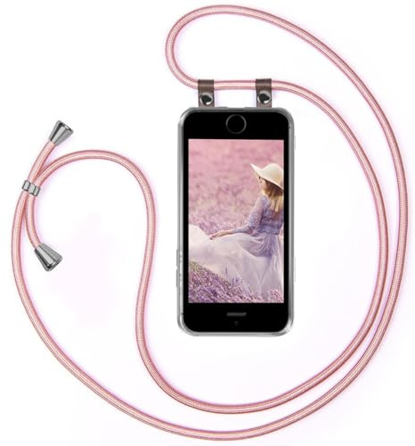 moex Mobile Phone Chain, Compatible with iPhone 5s / 5 / SE (2016) Case with Strap Adjustable Length, Silicone Case, Transparent with Chain in Rose gold, Removable