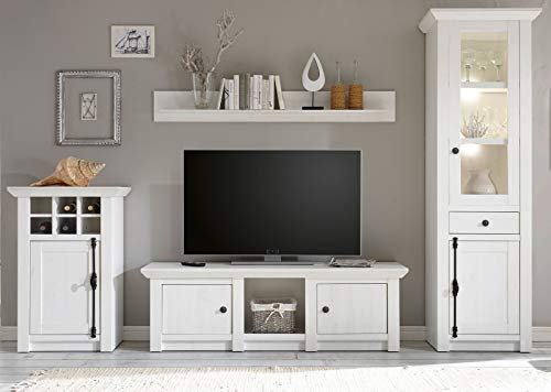 Wohnwand Hooge Landhausstil in Pinie weiß Landhaus Schrankwand Multimediawand Anbauwand Fernsehschrank 4-teilig (1 x Vitrine, 1 x Wandboard, 1 x TV-Lowboard, 1 x Kommode) 298 x 207 cm