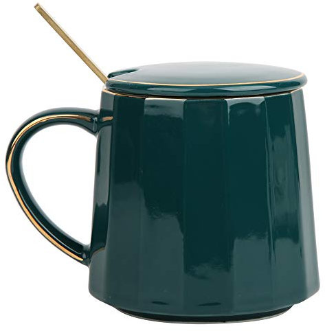 Keramik Tasse dunkelgrüne Teetasse Teetasse Goldrand Kaffeetasse mit Deckel und Löffel für Home Office Geburtstagsgeschenk