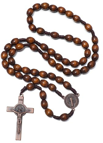 KOMI Handmade Wooden Catholic Rosaries, Rosary Beads Necklace Catholic Christian Prayer Beads St Benedict Rosary for Men Women Religious Gift