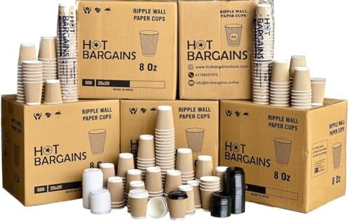 HOT BARGAINS, 50 X 8oz / 230ml Kraft Triple Walled Disposable Paper Ripple Cups Disposable Coffee Tea Cups Disposable Hot Drink Cups + LIDS Free