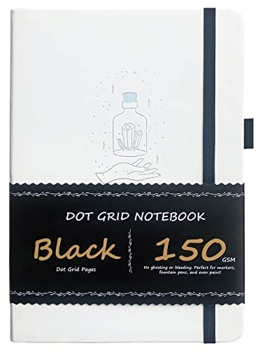 BUKE Dotted Journal A5 Hardcover Notebook- 160 Dot Grid Pages 150g Black Paper - Black PU Leather Hardcover 5.75 x 8.5 and Gift Box Mystery Bottles (BKB-2)