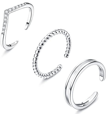 Sllaiss 3 Stücke S925 Zehenring für Frauen 925 Sterling Silber Verstellbarer Offene Zehenringe Set Zirkonia Zehenringe Weißgold Sommer Strand Fußschmuck Set B