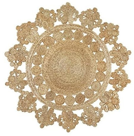 DNR Teppich aus indischer Naturfaser, Verschiedene Blumen, Braun, 180 x 180 cm, rund, Jute, flachgewebt, für den Außenbereich, großer billiger Teppich