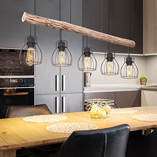 etc-shop Holz Design Hängeleuchte mit Gitter Lampenschirmen Pendelleuchte mit Holzbalken 5 flammig, Metall schwarz Holz natur, 5x E27 max 40 Watt, LxBxH 100x13,6x140 cm, Wohnzimmer Esszimmer