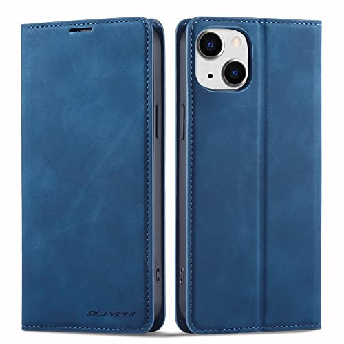 QLTYPRI Case for iPhone 14, Premium PU Leather Cover TPU Bumper with Card Holder Kickstand Hidden Magnetic Adsorption Flip Wallet Case Cover for iPhone 14 - Blue