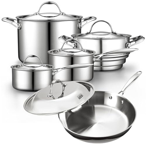 Cooks Standard Stainless Steel Kitchen Cookware Sets 10-Piece, Multi-Ply Full Clad Pots and Pans Cooking Set with Fry Pan, Dishwasher Safe, Oven Safe 500°F