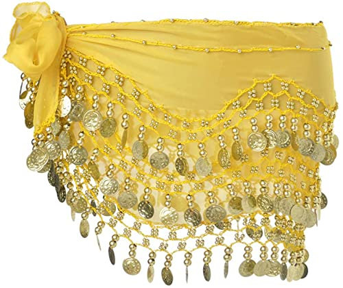 SamHeng Damen Bauchtanz Gürtel Chiffon Hüfttuch, Bauchtanz Münztuch Bauchtanz Münzgürtel Tanztuch Bauchtanz Kostüm mit 128 Münzen für Mädchen Frau für Performance Kostüm Bauchtanz Yoga Kurs