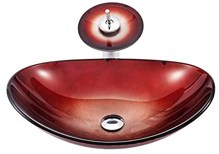 MSUDGH Wasserhahn-Kombination, ovale Aufsatz-Spülbecken-Schüssel, gehärtetes Glas, Waschtisch-Schüssel auf der oberen, roten Gefäß-Schüssel-Spüle mit Ablauf-Kombination