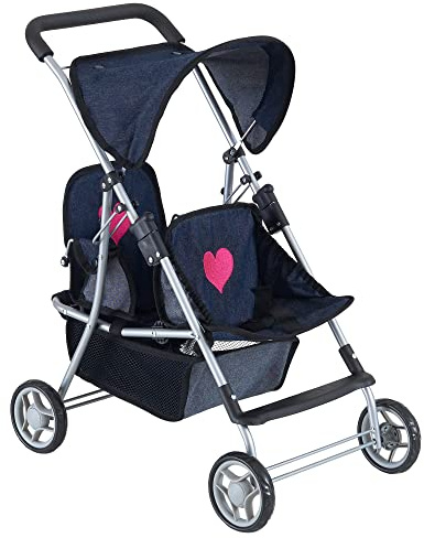 The New York Doll Collection First Twin Stroller - Cutest Heart Design Baby Strollers Great Toy Gift for Toddlers and Girls (Denim) Blue,pink