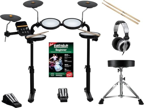 XDrum DD-250 E-Drum Set mit Mesh Heads - Elektronisches Schlagzeug mit 4 Drum Pads, 3 Becken Pads, Kick & Snare Fußcontroller, Rack & Sticks - Set inkl. Hocker, Kopfhörer, Schule und Sticks