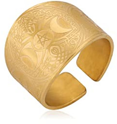 kkjoy Edelstahl Dreifach Mond Göttin Breites Band Ring Keltischer Knoten Baum des Lebens Einstellbare Ring Talisman Schmuck für Männer Frauen (Durchmesser 18mm, Dreifach Mond Göttin - Gold)