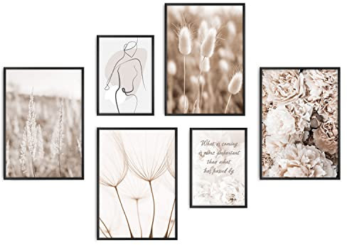 decomonkey | 6er Poster Set OHNE Bilderrahmen | Boho Abstrakt | 2 x DIN A4 & 4 x DIN A3 | Wohnzimmer Schlafzimmer Wandposter Blider Collage Modern Wanddeko Sprüche Blumen Frau Natur Beige Weiß