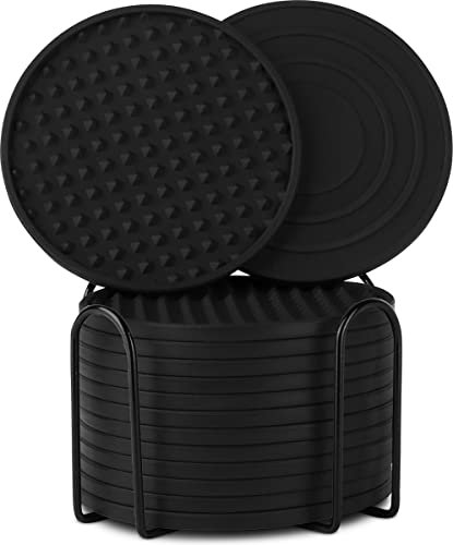 Castagnola Silikon Design Untersetzer mit Halter | Untersetzer für Gläser | Untersetzer Design | Untersetzer Set | Getränkeuntersetzer | Hochwertiges Silikon | (Schwarz (14er Set)