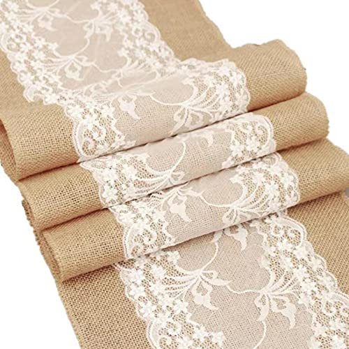 30 cm x 180 cm Tischläufer mit Spitze, natürliche Jute, Tischläufer mit Spitze, rustikal für Tische, Hochzeit, Party, Festival, Esstischdekoration
