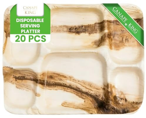 Canape King Palm Leaf Disposable Thali Plates 20 Pcs - 100% Natural and Biodegradable Food Serving Dinner Compartment Plates (35x25cm) - for BBQ Picnic Christmas Party Indian Nacho