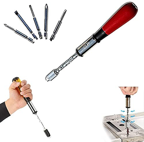 KENANLAN Push Pull Ratchet Screwdriver Adjustment Spiral Ratchet Screwdriver with 5 Replaceable Heads (red)