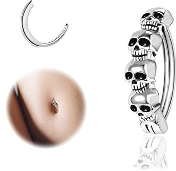 ZS 14G Schädel Clicker Piercing Bauchnabel für Frauen, Punk Bauchnabelpiercing Silber 925 Reverse Curved Nabel Barbell Schmuck Körperschmuck (Schädel,16g,8mm)